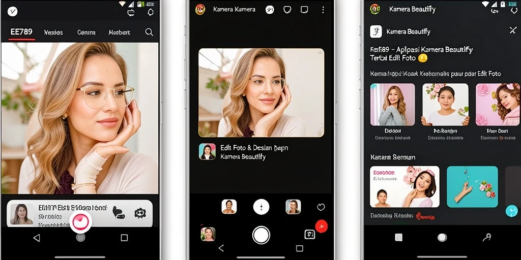 Screenshot utama EE789 menampilkan alat editing Kamera Beautify yang mudah digunakan.